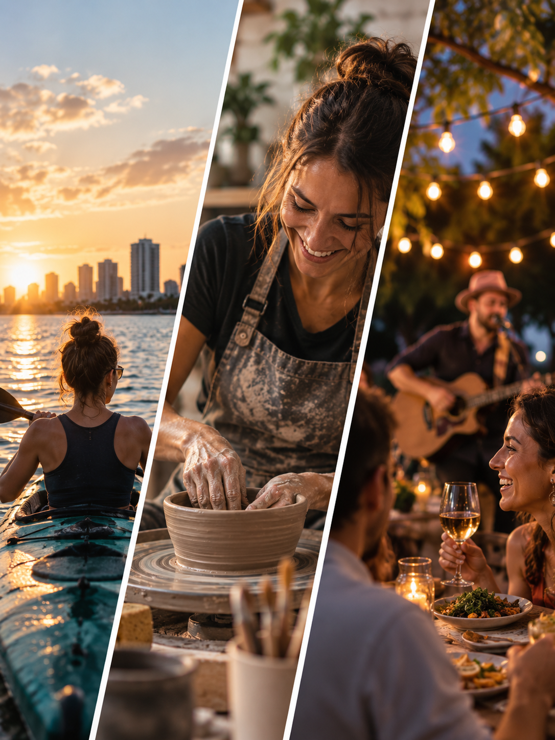 A collage of kayaking, pottery, and live music experiences in Tampa Bay