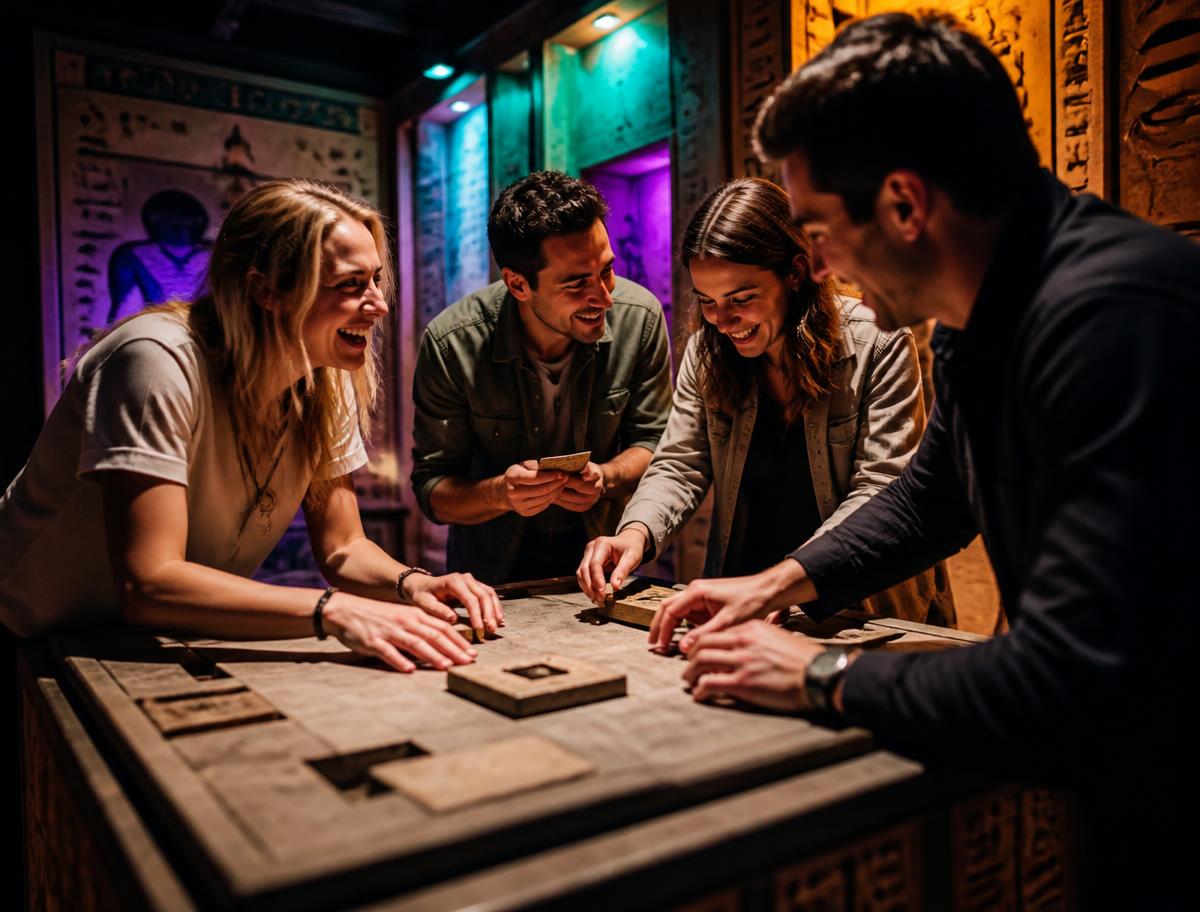 Friends laughing while solving clues together in an immersive indoor experience room