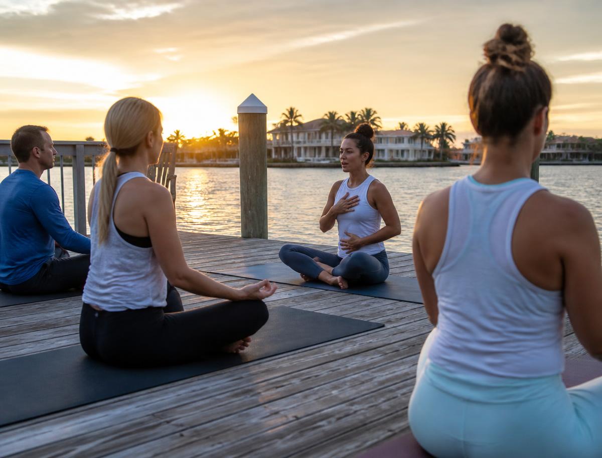 A small group in a guided sunrise breathwork session on a waterfront dock