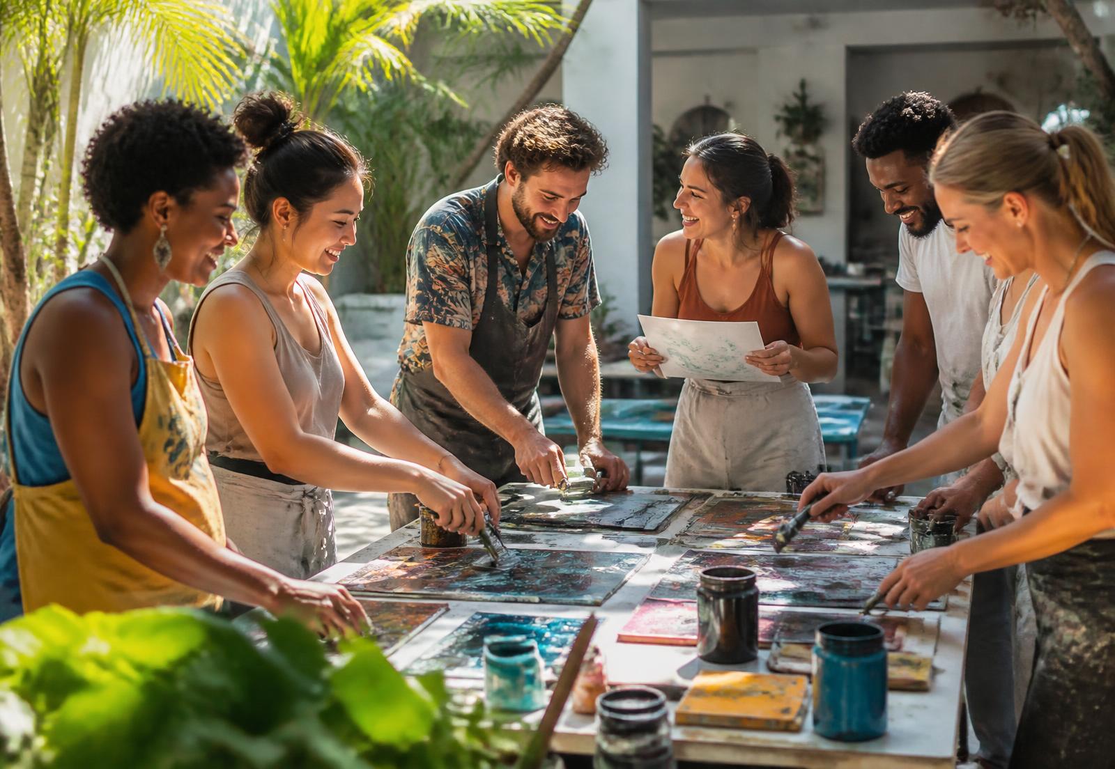 A small group sharing a lively printmaking experience in a Tampa Bay courtyard