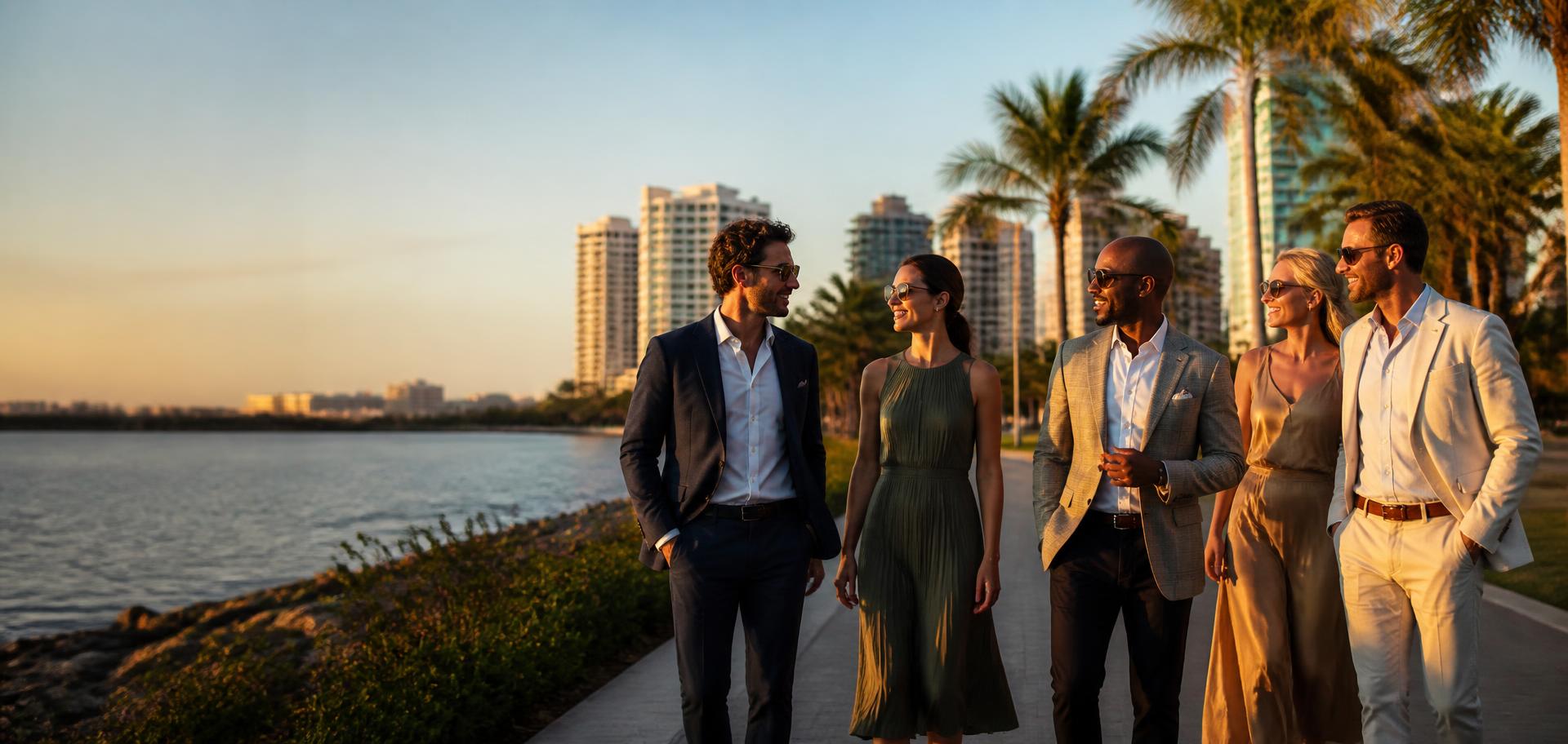 Friends walking together along the Tampa Bay waterfront at golden hour