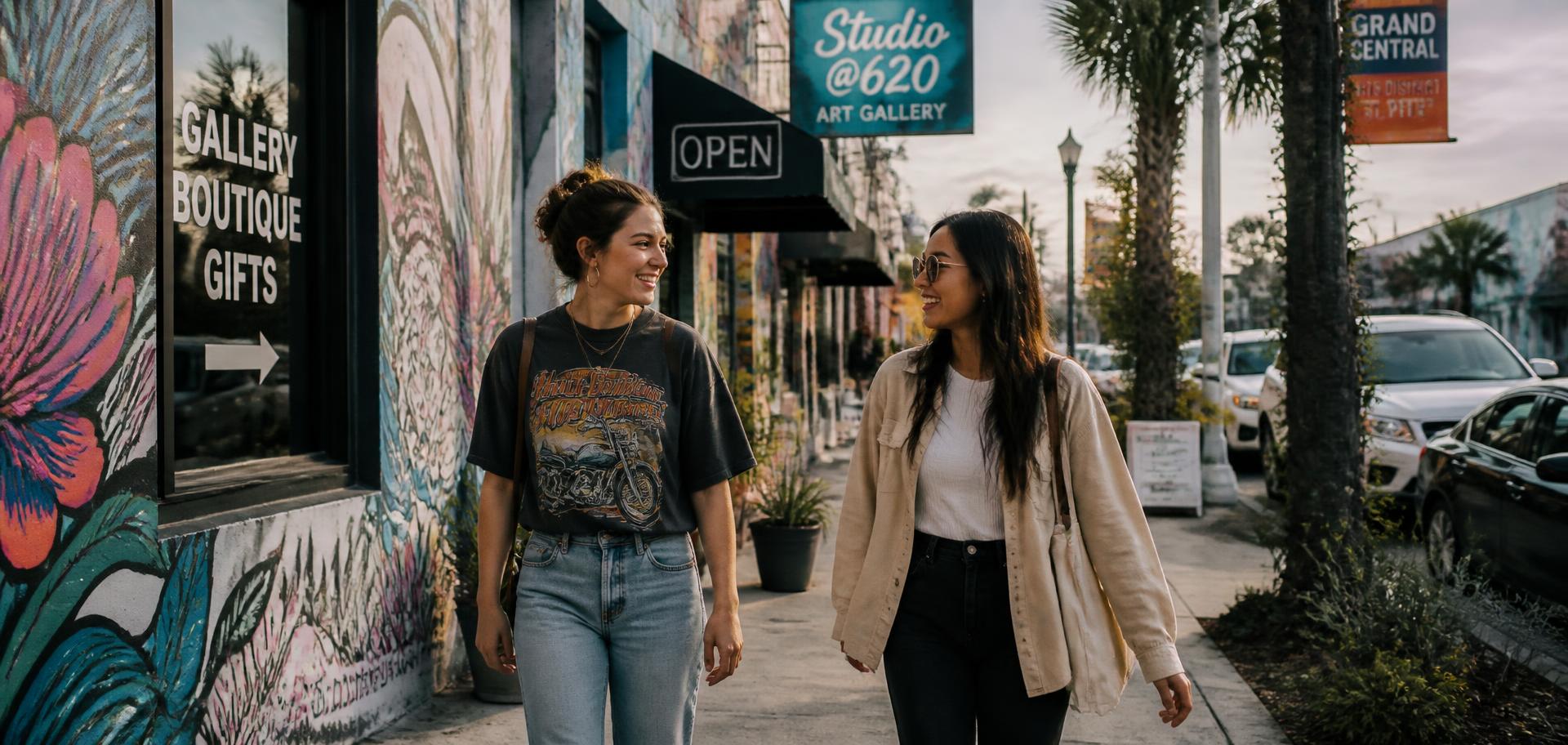 Two friends walking through the St. Petersburg arts district