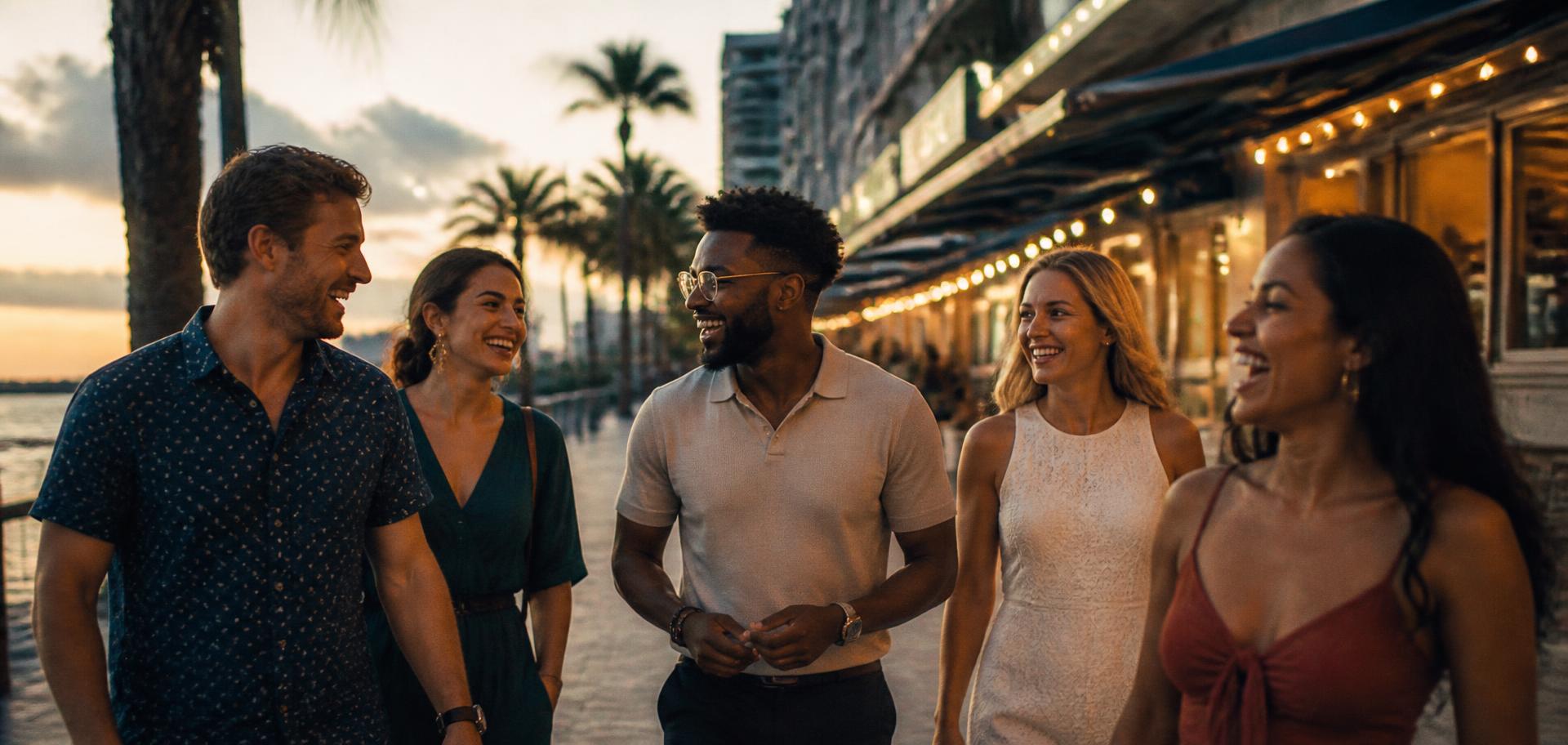 Friends walking together along a St. Petersburg waterfront street at golden hour