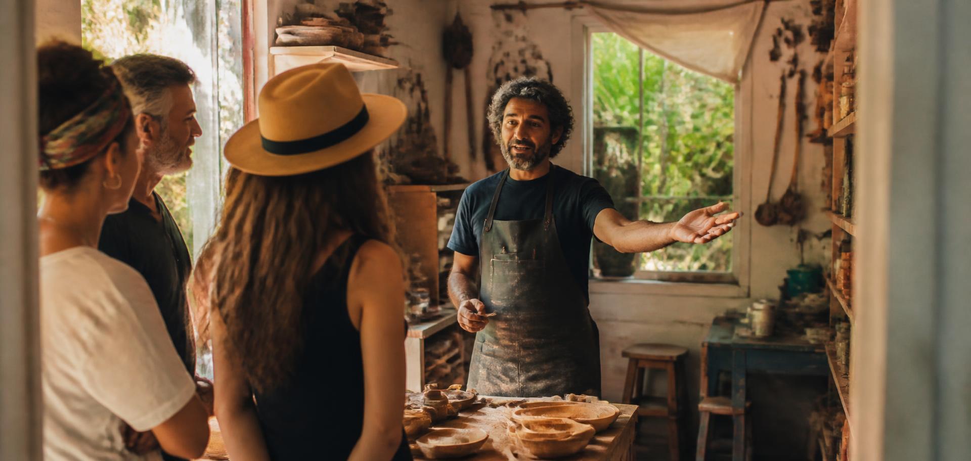 A local host welcoming a small group into their workshop studio